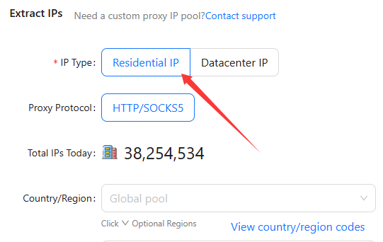 Select Rotating Residential Proxies in Scrapingbypass dashboard