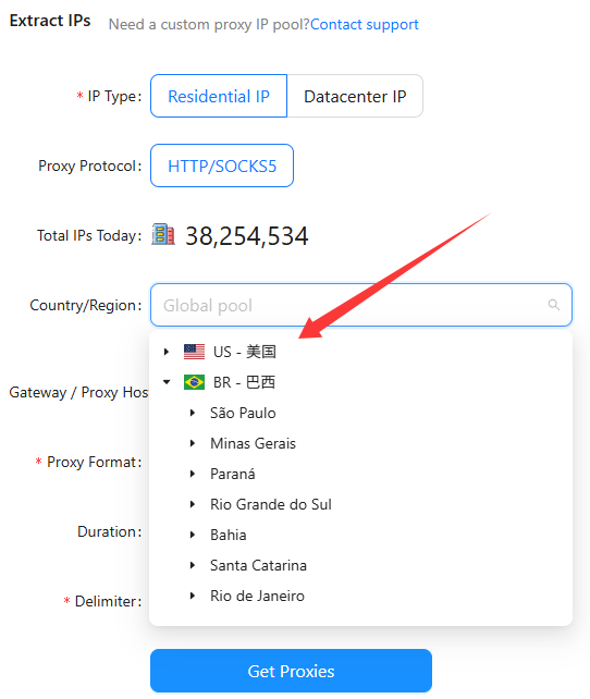 Configure country targeting for Scrapingbypass rotating residential proxies
