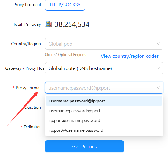 Select proxy extraction format in Scrapingbypass