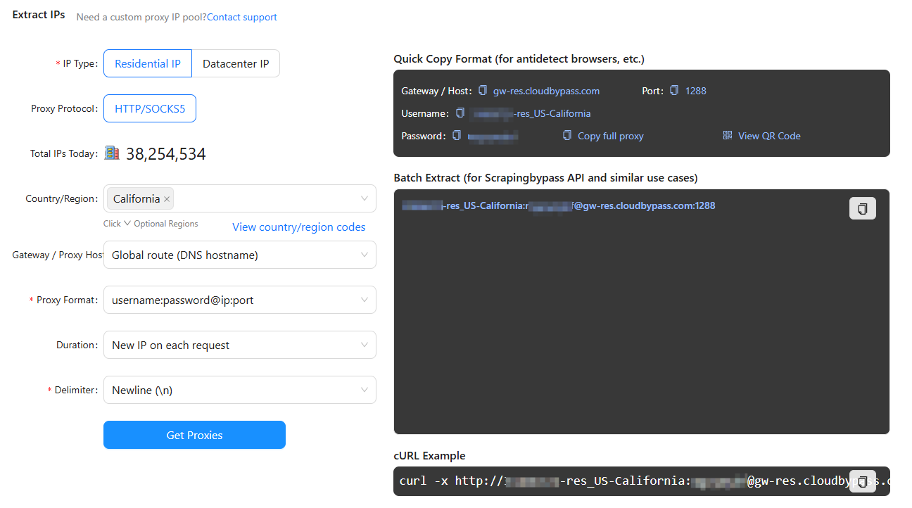 Generate rotating residential proxy credentials in Scrapingbypass